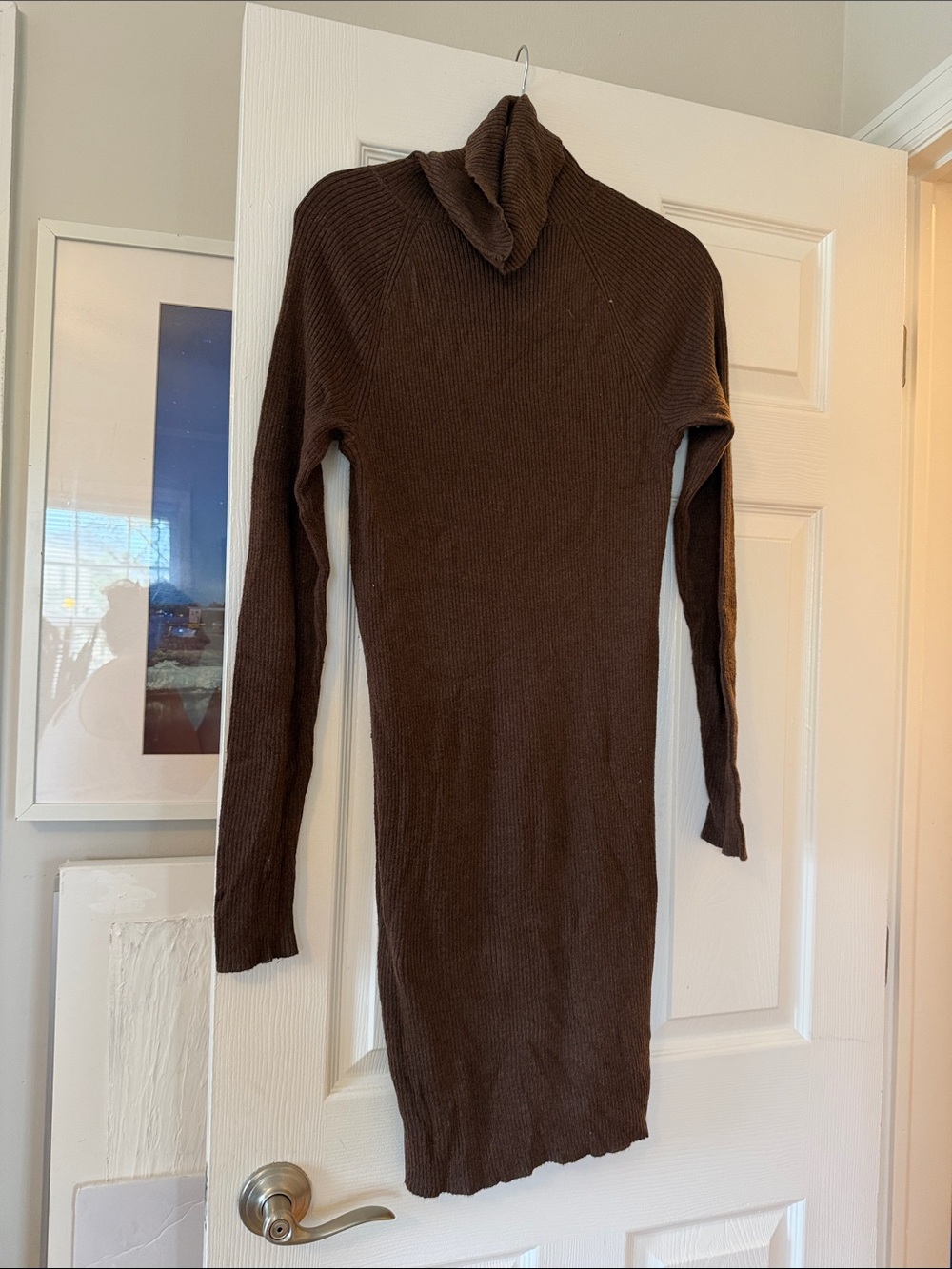 Brown Ribbed Turtleneck Sweater Dress